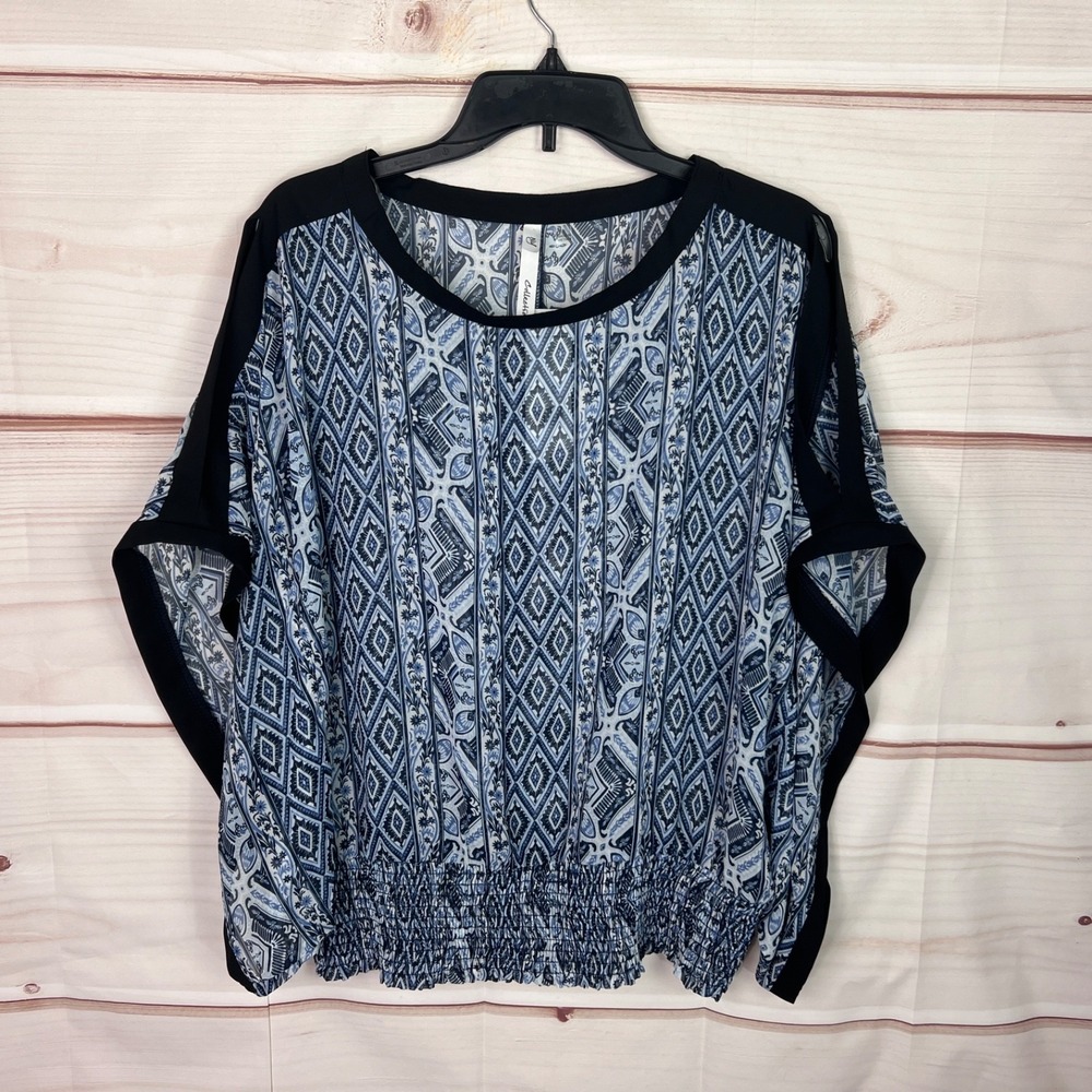NY Collection Top Womens S Blue Geometric Poncho Blouse Semi Sheer Smocked Waist